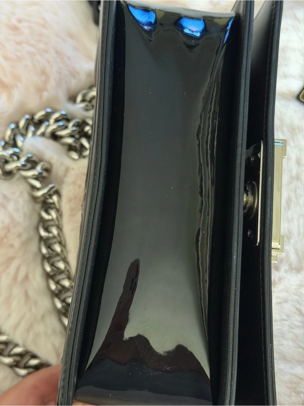 CHANEL Black & Silver Chevron Patent Glitter PVC Small Boy Bag Silver HDW